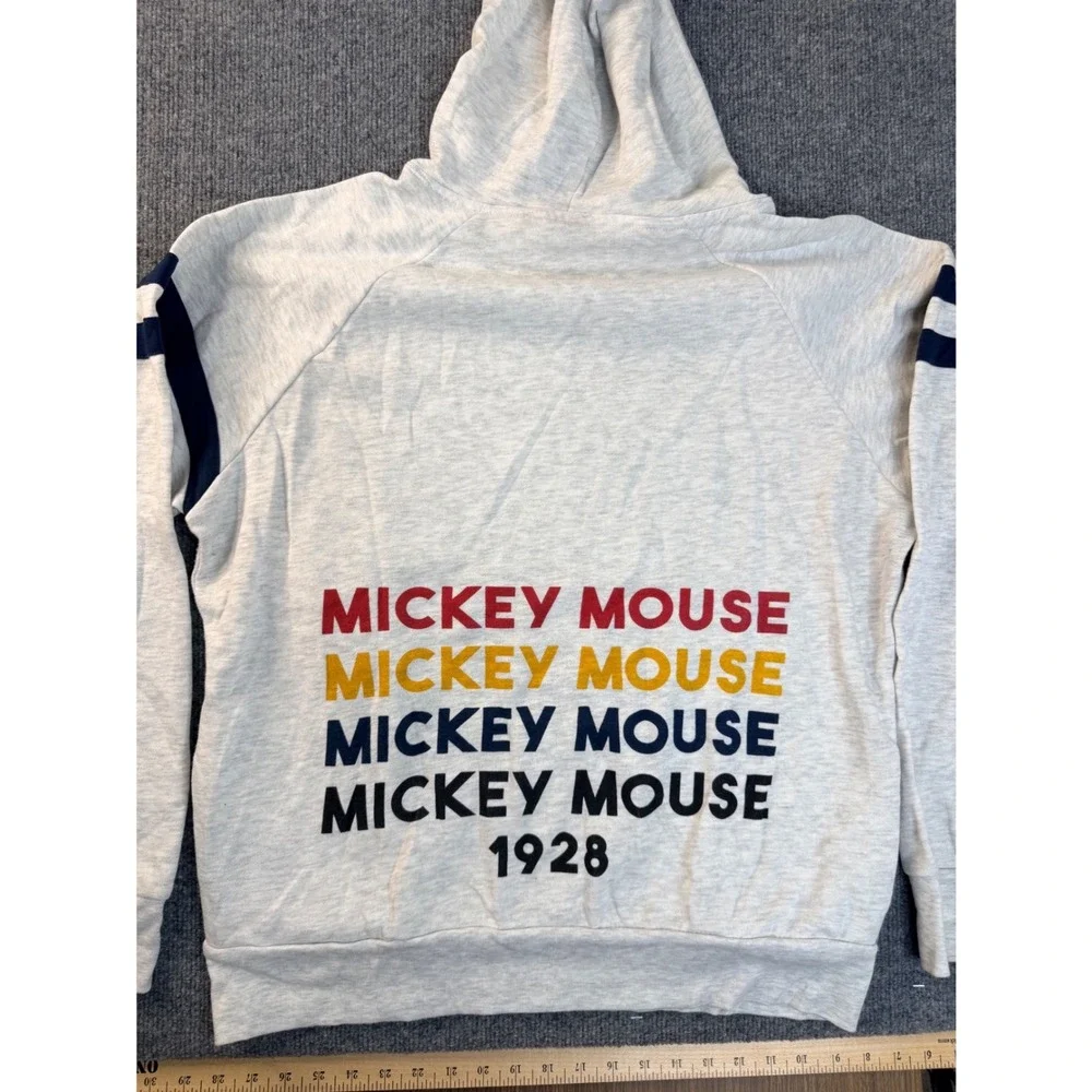 Disney Mickey Mouse 90 Years Hoodie Medium Grey Navy Stripe Graphic Pullover MD